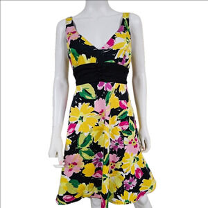 B. Smart Yellow Floral V-Neck Sleeveless Fit & Flare Midi Dress Size 12